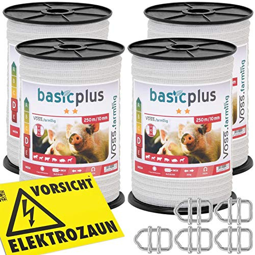 VOSS.farming 1000m Weidezaunband, 10mm, 4X 0,16 mm NIRO, Weiß Elektrozaun Breitband Pferde, Ponys, Rinder, Ziegen, Band-Verbinder, Warnschild
