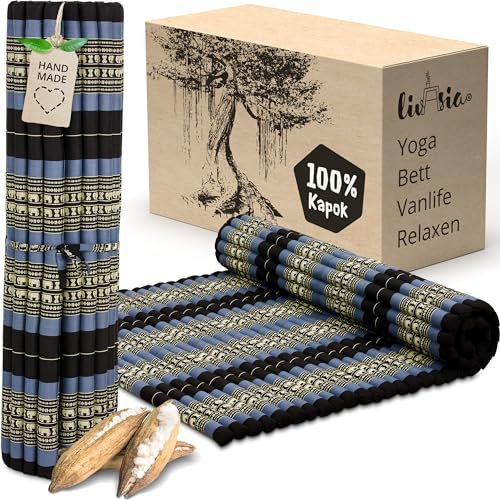 livasia Rollmatte XXL breit Doppelbett - 200x145x4,5cm - Gästebett Gästematratze 2 Personen mit Muster, Reisebett für Kofferraum und Outdoor, Thaimatte Kapok Garten und Balkon (Blau/Elefanten)