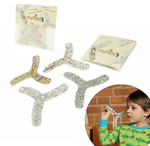 myfibo - My First Boomerang: Kreatives 4er Set zum Anmalen und Spielen - Perfekt für Kinder zum Erlernen des Bumerangwerfens - Fördert Motorik und Kreativität
