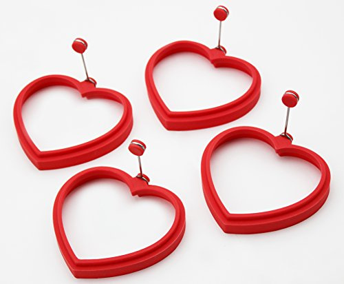 ANFIMU [4 Pack] Reusable Silicone Egg Pancake Ring Heart Mold, Red - Makes perfect shaped pancakes and eggs & Make your kids love breakfast