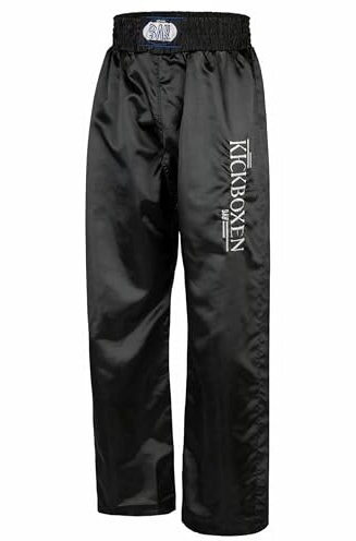BAY Edel Stick Kickboxhose Schwarz für Kinder und Erwachsene 6XS - XXL | Lange Kampfsporthose, gestickter Schriftzug am Hosenbein, elastischer Gummizugbund mit Tunnelzug für sicheren Halt