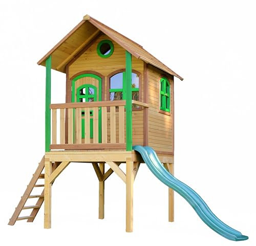 AXI Spielhaus Laura mit grüner Rutsche | Stelzenhaus in Braun & Grün aus FSC Holz für Kinder | Spielturm mit Wellenrutsche für den Garten