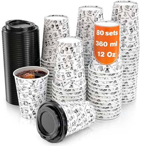 80 Bicchieri Carta per Prendere il Caffè – Bicchieri Caffe con Coperchio - Tazza di 360 ml Bicchieri Monouso per Prendere il Caffè, il Tè, le Bevande Calde e Fredde