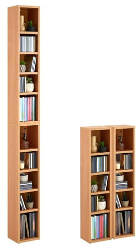 CD DVD Blueray Regal Chart in Buche – Zweiteiliges Medienregal, Aufbewahrung, CD-Ständer mit 10 Fächern für bis zu 160 CDs, 20x187 cm (B x H)