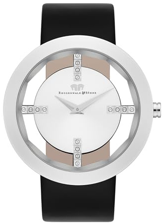 Rhodenwald & Söhne Lucrezia Damenuhr Edelstahl Silber 3 ATM Quarzwerk | verziert mit Kristallen,Echtlederarmband,schwarz,Fashionuhr,analog,Frauen,Skeletonoptik,Mineralglas