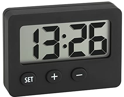 TFA Dostmann Mini Digitaluhr, 60.2013.01, Tischuhr, Quarzuhr, perfekt für KFZ (Wohnmobil oder Auto), für Klausuren/Abschlussprüfungen, handlich, mit Magnet, Selbstklebender Halter, Ständer, schwarz