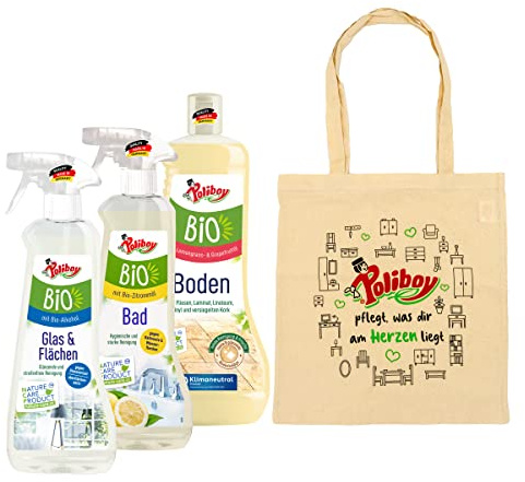 Poliboy – bio golvvård (1 000 ml), bio badrum rengöringsmedel (500 ml) och bio glasrengöringsmedel och ytor renare (500 ml) + bomullsväska – vegan – Made in Germany
