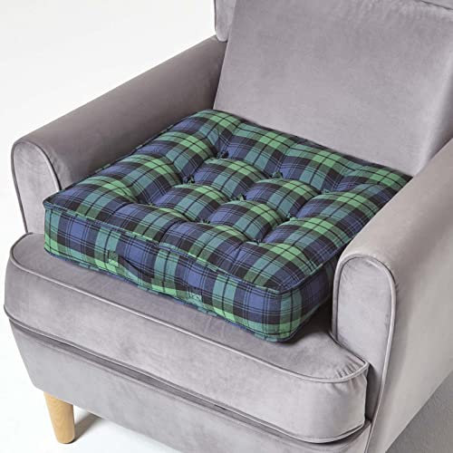 HOMESCAPES Blue and Green Tartan Armchair Booster Cushion Large Firm 50 cm Square Seat Pad with Supportive 10 cm Thick Lift Soft Cotton Cushion For The Elderly, Post-Operative and Pregnancy