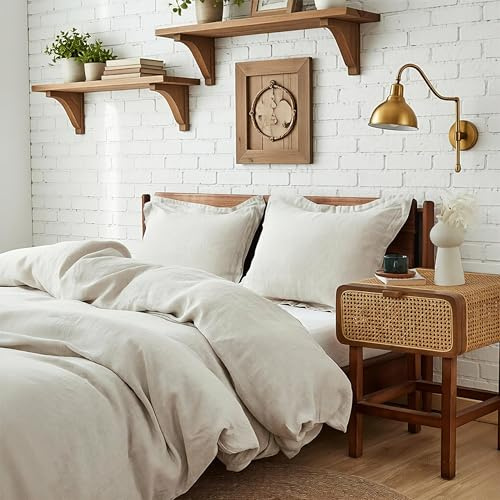 Simple&Opulence 100% Linen Duvet Cover Set 3pcs Basic Style Natural French Washed Flax Solid Color Soft Breathable Farmhouse Bedding with Button Closure - Linen, Full