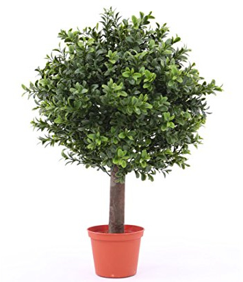 Kleine künstliche Buchskugel 30cm auf Echtholz Stamm 45cm hoch im Topf | 396 Blätter, UV-geschützt, Naturgetreue Farbgebung