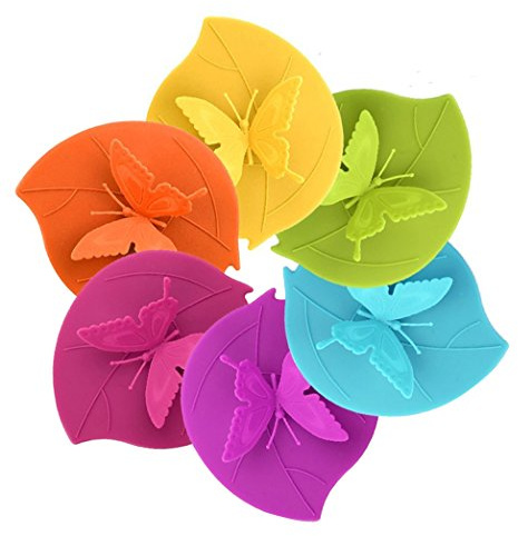 Food Grade Silicone Cup Lids, IPHOX Creative Butterfly Mug Cover [Set of 6] Anti-dust, Airtight Seal, Silicone Drink Cup Lids, Hot Cup Lids (Butterfly)
