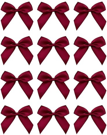 Italian Options Small Satin Ribbon Bows, Self Adhesive Bow Decorations for Crafts, Gift Wrap, Hampers, Hair Bows, Wedding Stationery, Floristry, Christmas, Cakes, Crafting, Burgundy, 12 Pack, 5 cm