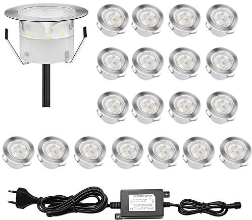 CHNXU 20er Set Terrassen Einbaustrahler LED Bodeneinbauleuchten Warmes Weiß Aussen Ø45mm Treppen Einbauleuchte IP67 Wasserdicht Boden Lampe für Garten Gehweg Küche Balkon Holzdeck