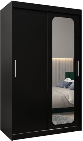 ABIKSMEBLE Promo 2 120 Armario 2 Puertas Correderas para Dormitorio - Armario Moderno con Espejo, Barra y Estantes - 120x200x62 cm (Ancho x Alto x Fondo) - Negro Mate