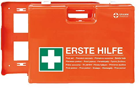 ACTIOMEDIC Mobiler und stationärer Erste-Hilfe-Kasten MULTI mit Wandhalterung, DIN 13169:2021, hypoallergene Pflaster, mehrsprachige Beschriftung, orange, 42 x 33 x 15 cm