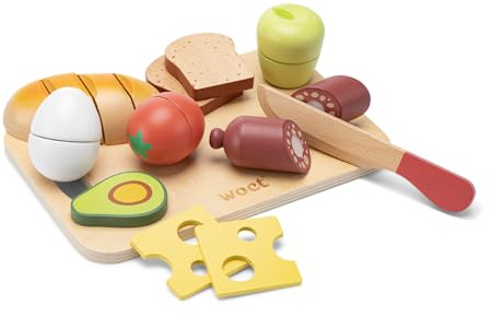 Woet® Set Petit Déjeuner à Couper Bois, Nourriture Jouet avec Couteau et Planche, Accessoires Cuisine Enfant, Jeu d’Imitation Cuisine, Activité Créative, Cadeau Maternelle, À Partir de 2 Ans