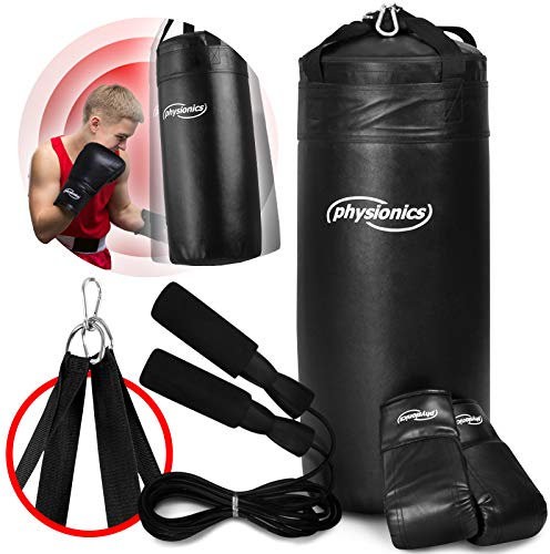 Physionics® Kinder Boxsack-Set - Ø30cm, H70cm, 13kg, Gefüllt, mit 8 oz Boxhandschuhen und Springseil, für Kinder, Karabinerhaken - hängend Sandsack, Kickboxen, MMA, Kampfsport, Muay Thai, Punching Bag