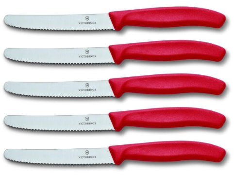 Victorinox Tomatenmesser Brötchenmesser Tafelmesser Set 5-teilig Swiss Classic (Rot)