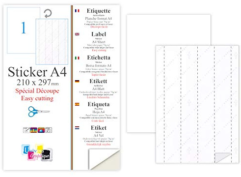 100 Papier adhésif blanc A4 autocollant SPECIAL DECOUPE feuille adhésive pour créer imprimer vos étiquettes sur imprimante 5 re-fentes au verso pour détacher découper facilement étiquettes Stickers