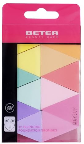 Beter- Pack 12 Esponjas de Maquillaje, Forma Triangular con Borde Redondeado, Perfecto para Corrector, Máxima Precisión, Acabado Natural o Cubriente, Ideal para Productos en Crema o Polvo, sin Látex