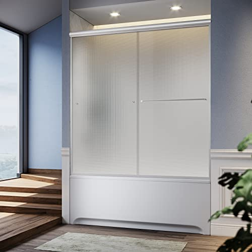SUNNY SHOWER Bathtub Door 60 W x 57.4 H Frosted Glass Shower Door for Tub 1/4 Glass Panel, Brushed Nickel Finish Double Sliding Bathtub Door