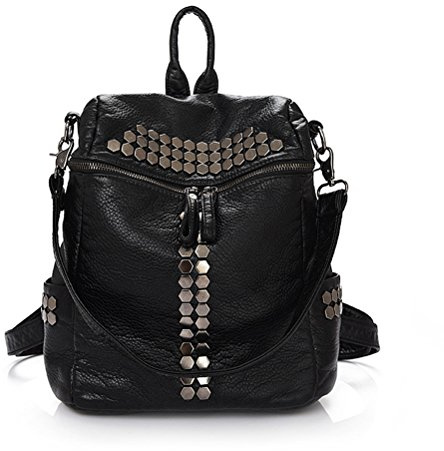 BRIXBEE Honeymall Damen Mode aus Weichem Leder Rucksack Schulterbeutel Niet Vintage Satchel Daypack(Schwarz)