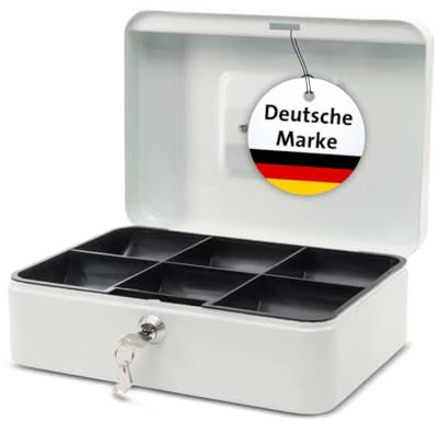 MAUL caja fuerte de acero 25 x 18 x 9 cm | Caja caudales con cerradura | Bandeja extraíble para monedas | Caja con 2 llaves | Caja registradora robusta con asa | Blanco