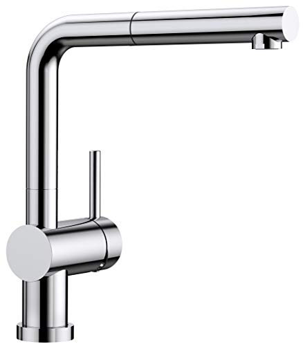 BLANCO LINUS-S-F | Küchenarmatur in chrom | Niederdruck | Mit herausziehbarem Schlauch | Vorfensterarmatur zur Montage vor dem Fenster | Keramik Kartusche | Gesicherte Wasserqualität & wassersparend