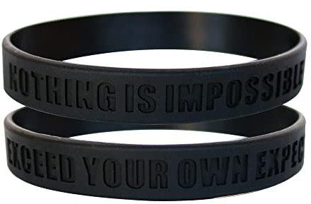 Nothing is Impossible, Exceed Your Own Expectations Motivational Silicone Wristbands, Rubberband Bracelets for Fitness, Workouts, Exercise, Basketball, Lifting, Team Sports (Black 2 Pack)
