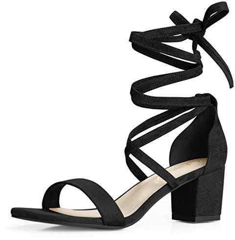 Allegra K Sandales à talons mi-hauts à lacets pour femmes Noir 41