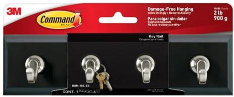 3M Command HOM18SES Decorative Key Rail, 8w x 1 1/2d x 2 1/8h, Black/Silver, 4 Hooks/Pack