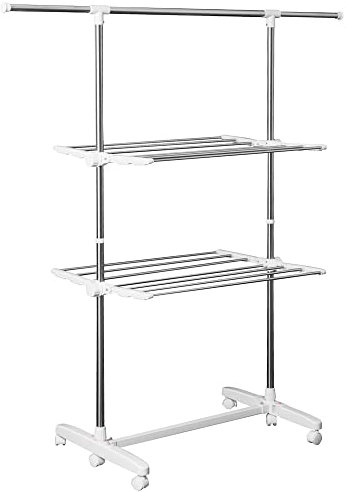 HOMCOM Turmwäscheständer ausziehbar Standtrockner mit 3 Ebenen, klappbare Flügel, Rollen, Wäschetrockner für Innen und Außen, Weiß, 83-136,5 x 45,5 x 154 cm
