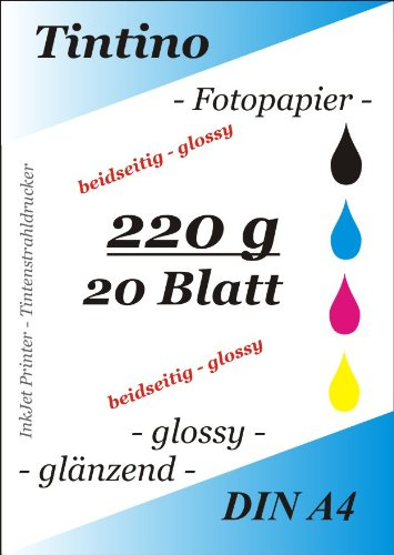 2 seitig glaenzend - double side glossy - 20 Blatt Fotopapier DIN A4 220g/qm - beidseitig glossy glaenzend bedruckbar - sofort trocken - wasserfest - hochweiß - fuer InkJet/Tintenstrahldrucker