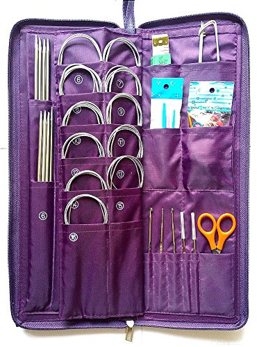 MAYMII 104-teiliges Strickset, Edelstahl-Stricknadeln, gerade, Rundstricknadeln, Häkelnadel, Handwerkzeug mit PU-Beutel