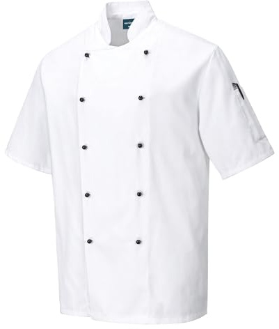 Portwest C734 Short Sleeve Chef Jacket Chefswear Texpel Stain Resistant Kingsmill Polycotton Unisex Chef Whites for Kitchen and Catering Food Service Workwear, White, M