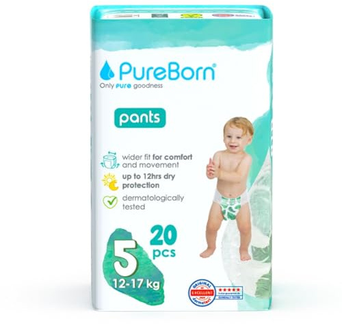 PureBorn 20 Couches Culottes Taille 5 (12-17 kg), Ultra-Absorbantes, Hypoallergéniques, Couches Culottes douces pour Bébé, Testées Dermatologiquement, Anti-fuites en Bambou Naturel