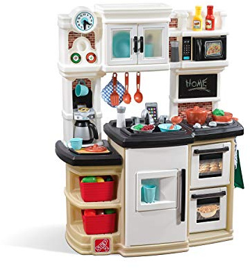 Step2 Great Gourmet Kids Kitchen Playset, Indoor/Outdoor Kitchenette, Interactive Play with Lights and Sounds, Made of Durable Plastic, Includes 33 Piece Toy Accessories, Toddlers 3+ Years Old, Tan