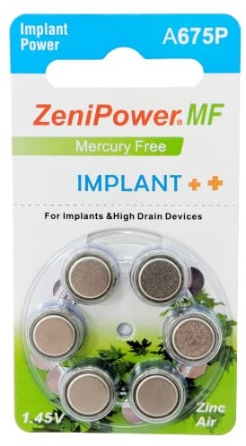 ZeniPower Cochlear Implant Batteries Size A675P Zero Mercury (60 Batteries)