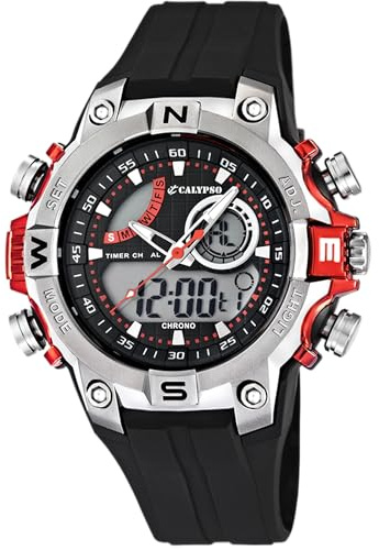 CALYPSO Reloj Digital Hombre Analógico de Caucho Negro - Cuarzo Reloj Deportivo - Calendario - Resistente al Agua 10 ATM Fecha y Calendario, Cronógrafo, Doble Horario, Luz, Alarma K5586/1 Flash Time