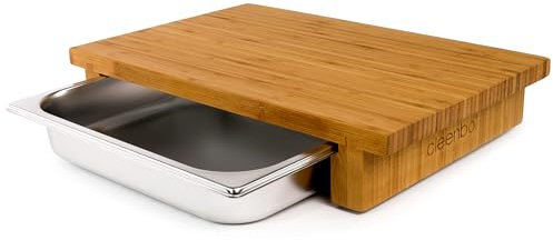 cleenbo® Schneidbrett mit Auffangschale Classic bamboo GN Profi Holz Küchenbrett aus geöltem Bambus, Schneidebrett mit Gastro Auffangbehälter (Edelstahl Schublade) Bambusbrett Maße: 43 x 29 x 7,5 cm