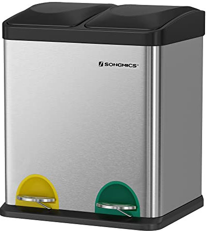 SONGMICS Pattumiera di riciclaggio 30 l, pattumiera di smistamento con petali in acciaio, 2 scomparti, 2 x 15 l, secchi interni rimovibili, petali colorati, per cucina, soggiorno, argento e nero