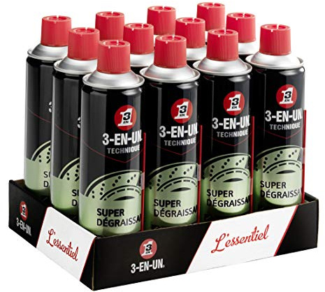 3-EN-UN Technique • Super Dégraissant • Aérosol • Rapide et puissant • Ne laisse aucune trace après le nettoyage • Sans solvant chloré • 500 ML • Carton de 12