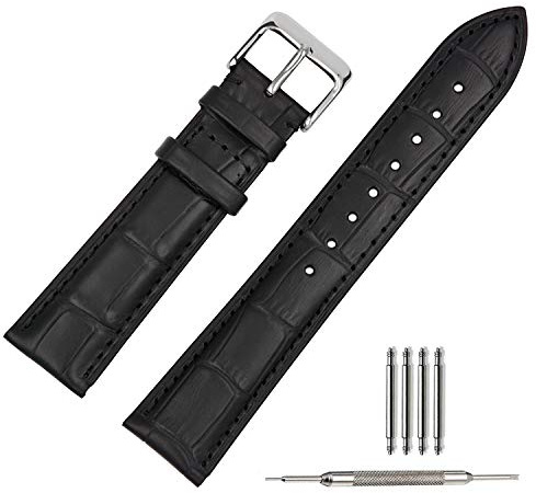 TStrap Leather Watch Straps 18mm - Soft Black Alligator Embossed Watch Bands Replacement - Military Watch Straps for Men Women - Smart Watch Bracelet Belt Clasp Buckle