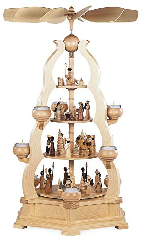 Müller German christmas pyramid arch Christmas story, 4-tier, height 65 cm / 26 inch, natural with tealights, original Erzgebirge by Mueller Seiffen