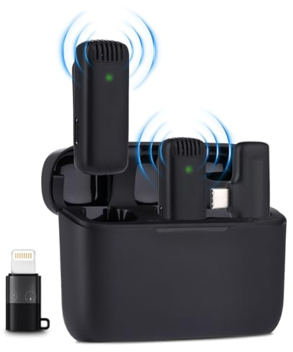 NK Micrófono Inalámbrico con Estuche de Carga - Micrófono Lavalier Wireless para iPhone/Android, Plug&Play, Pack 2 Micrófonos para Grabación de Tiktok/Twtch/Youtube/Vlog, Reducción de Ruido, Sin App