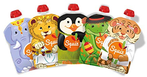 Set mit 5 wiederverwendbaren 130-ml-Quetschbeuteln | Carnaval-Kollektion | Für Babys, Kinder und Erwachsene | Für Kompott, Püree, Smoothies | Hergestellt in der Schweiz und Frankreich | Squiz