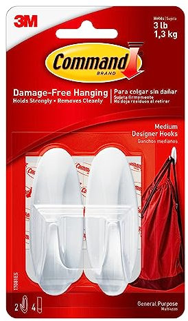 Command Medium Designer Hook, Pack of 2 Hooks and 4 Adhesive Strips, White - Damage Free Hanging - Holds up to 1.3kg