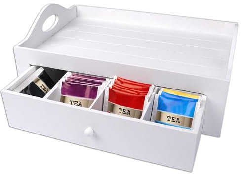Vassoio da tè con cassetto portabustine, dimensioni circa 30 x 20 x 11 cm, in stile country, colore bianco