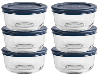 Anchor Hocking 1 Cup Glass Storage Containers with Lids, Set of 6 Glass Food Storage Containers with Navy Blue SnugFit Lids