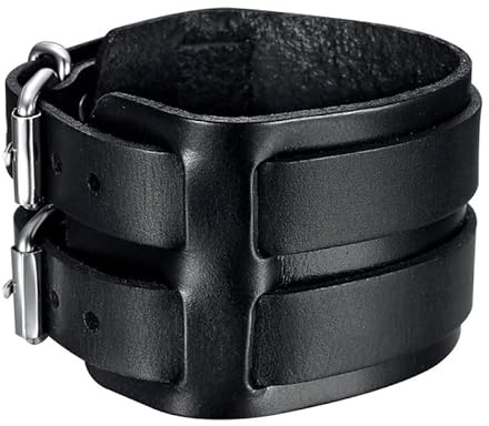 BOBIJOO Jewelry - Bracelet de Force Noir Cuir véritable Acier Double 5cm